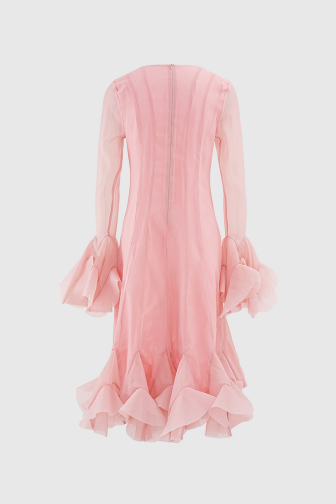 McCarthy Mesh Ruffle Midi Dress In Pink - Stylish pink dress for special occasions | Buy Online