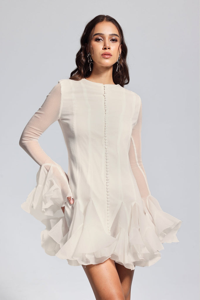 Shop  beautiful dress - Perfect for special occasions | McCarthy Mesh Ruffle Mini Dress In Apricot