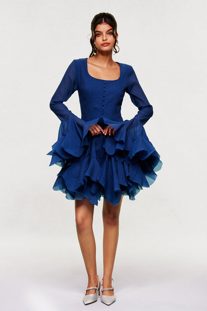 McCarthy Mesh Ruffle Mini Dress In Deep Blue - Stylish blue dress for special occasions | Buy Online
