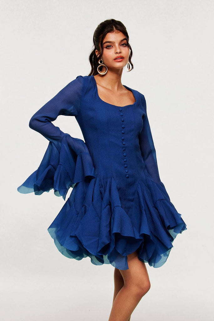 McCarthy Mesh Ruffle Mini Dress In Deep Blue - Stylish blue dress for special occasions | Buy Online