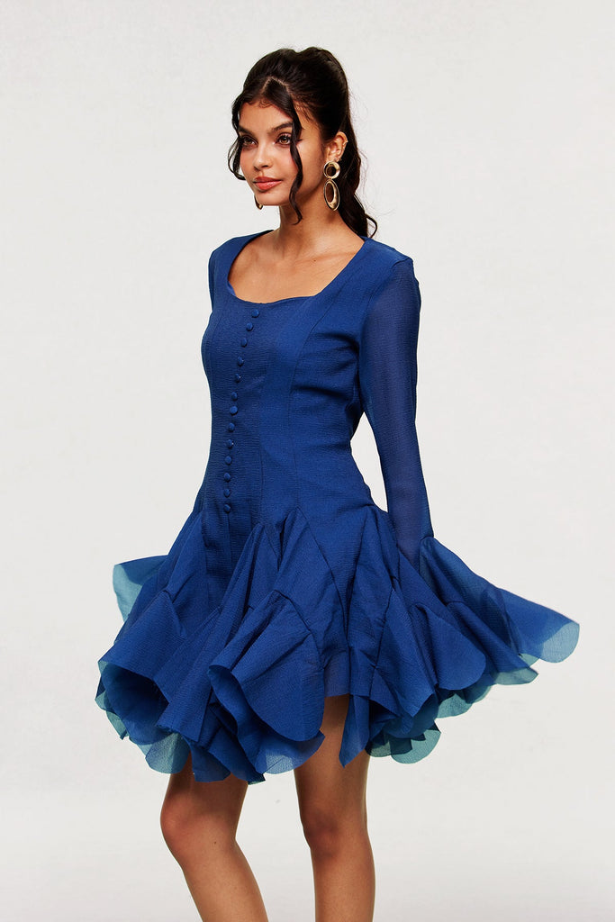 McCarthy Mesh Ruffle Mini Dress In Deep Blue - Stylish blue dress for special occasions | Buy Online