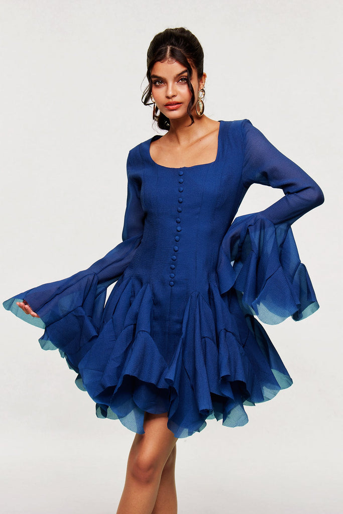 Shop  blue dress - Perfect for special occasions | McCarthy Mesh Ruffle Mini Dress In Deep Blue