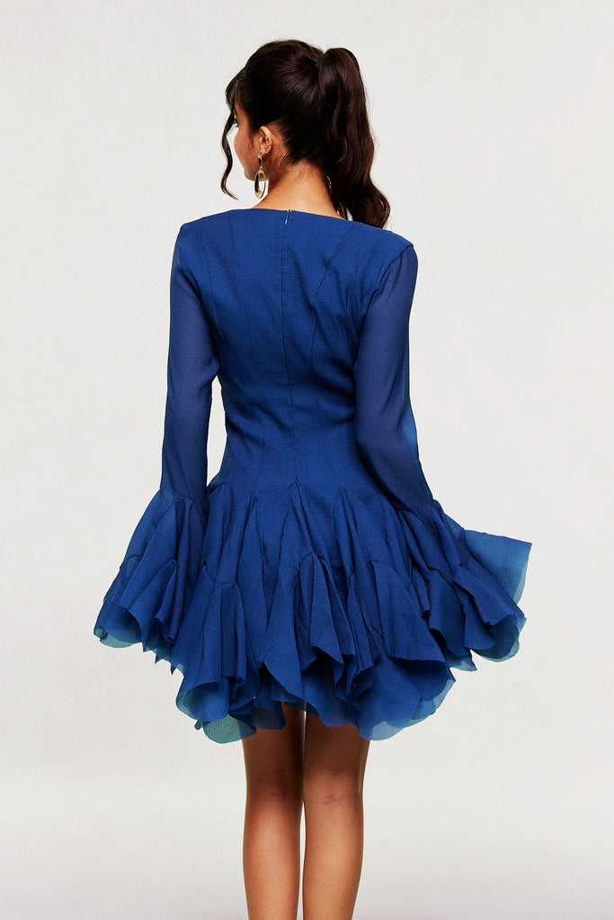 Stylish blue dress | McCarthy Mesh Ruffle Mini Dress In Deep Blue - Ideal for special occasions