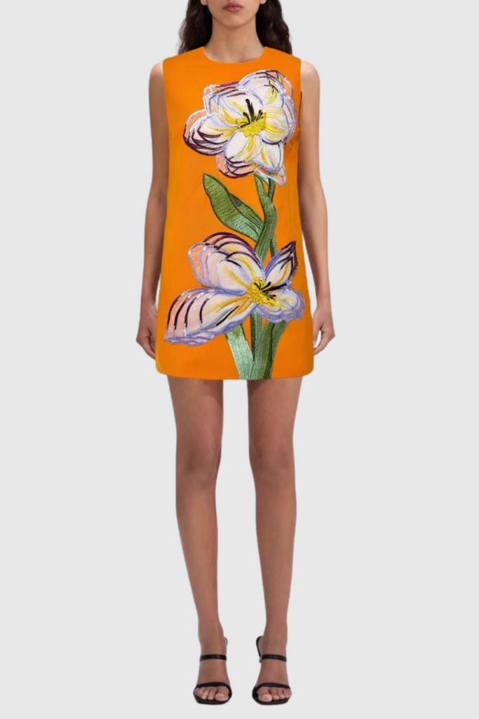 Shop  orange dress - Perfect for special occasions | Mimoza Floral Appliqué Sleeveless Mini Dress - Orange