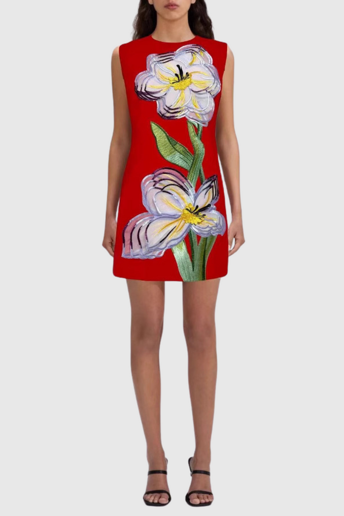 Mimoza Floral Appliqué Sleeveless Mini Dress - Red - Stylish red dress for special occasions | Buy Online
