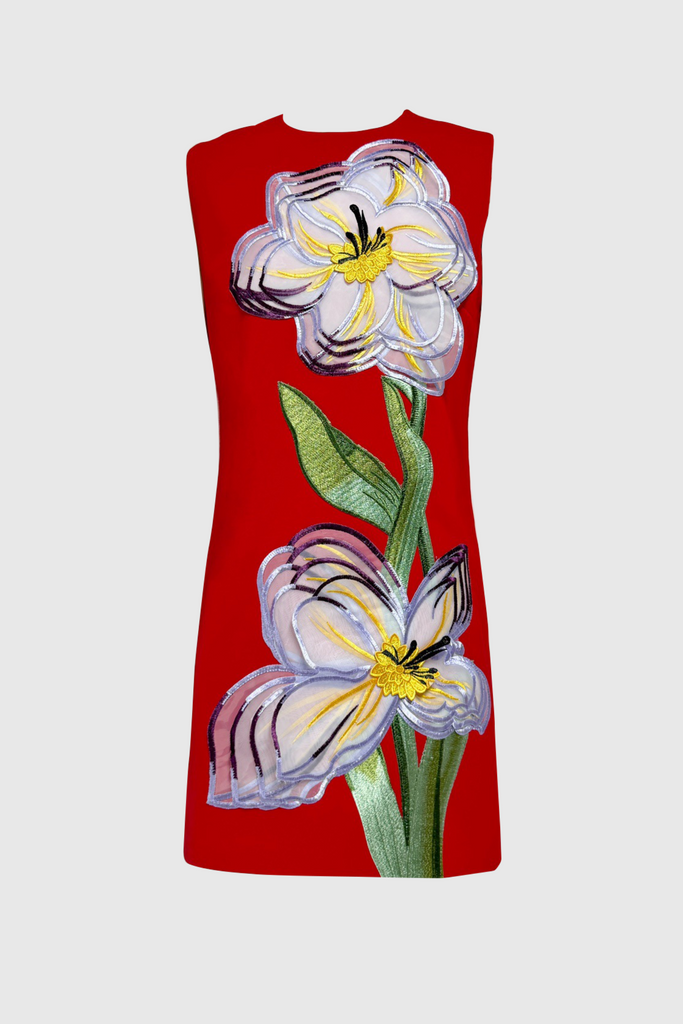 Shop  red dress - Perfect for special occasions | Mimoza Floral Appliqué Sleeveless Mini Dress - Red