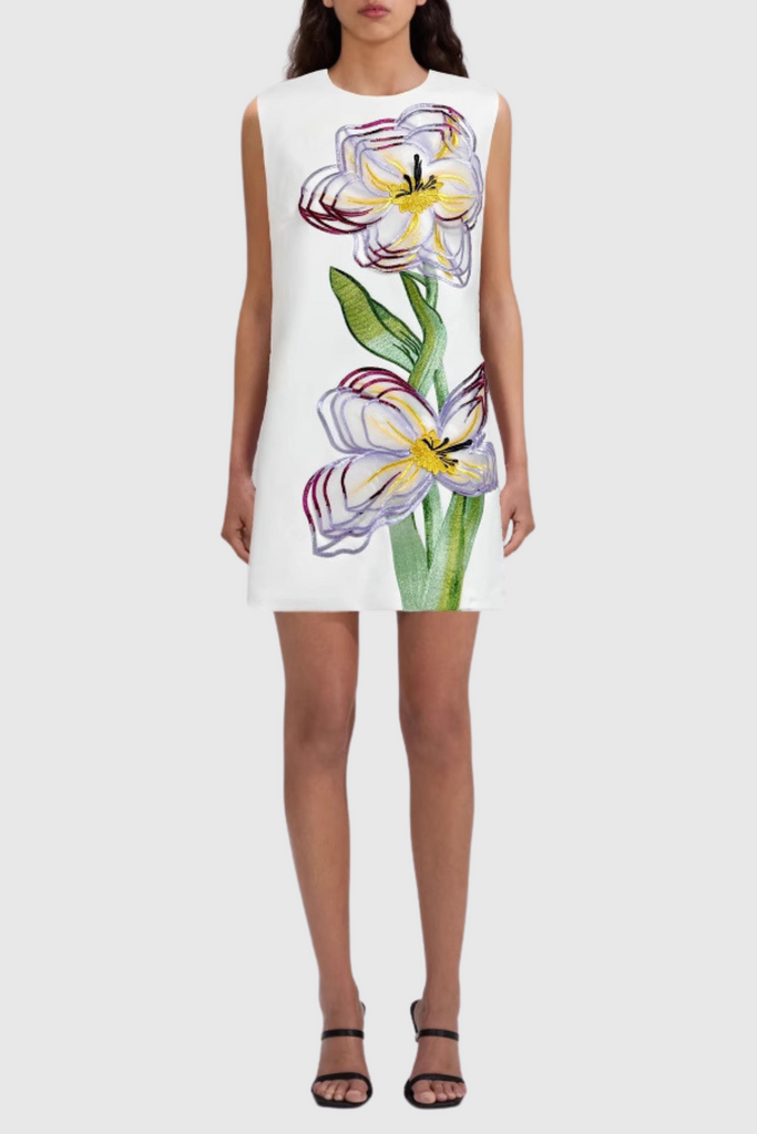 Mimoza Floral Appliqué Sleeveless Mini Dress - White - Stylish white dress for special occasions | Buy Online