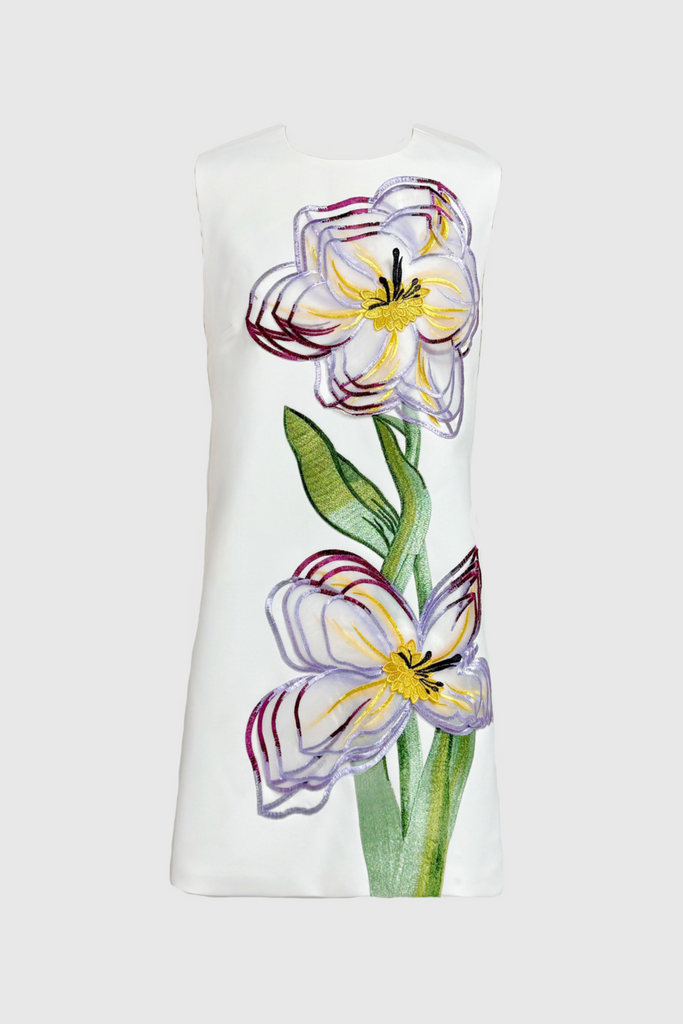 Shop  white dress - Perfect for special occasions | Mimoza Floral Appliqué Sleeveless Mini Dress - White