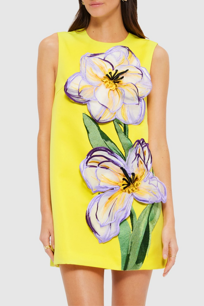 Shop  yellow dress - Perfect for special occasions | Mimoza Floral Appliqué Sleeveless Mini Dress - Yellow