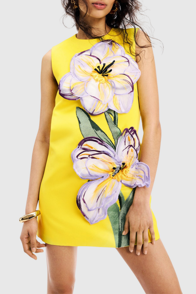 Stylish yellow dress | Mimoza Floral Appliqué Sleeveless Mini Dress - Yellow - Ideal for special occasions
