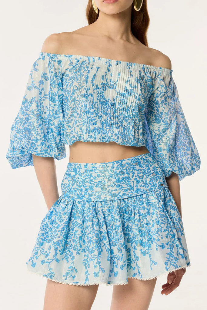 OFF-SHOULDER FLORAL PRINT MINI SKIRT SET IN BLUE - Stylish blue mini for special occasions | Buy Online