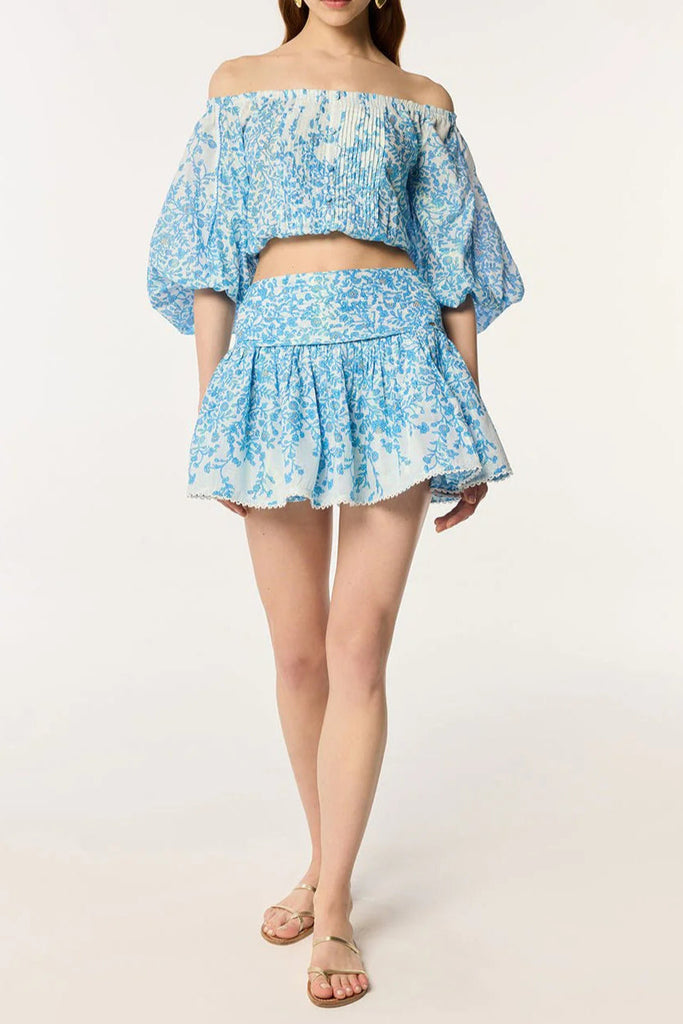 Stylish blue mini | OFF-SHOULDER FLORAL PRINT MINI SKIRT SET IN BLUE - Ideal for special occasions