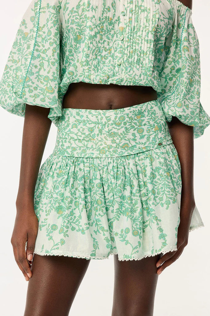 Stylish green mini | OFF-SHOULDER FLORAL PRINT MINI SKIRT SET IN GREEN - Ideal for special occasions