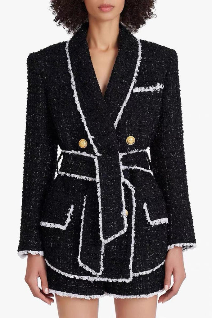 Mishka Breasted Tweed Jacket With Belt- Black - Stylish black dress for special occasions | Buy Online