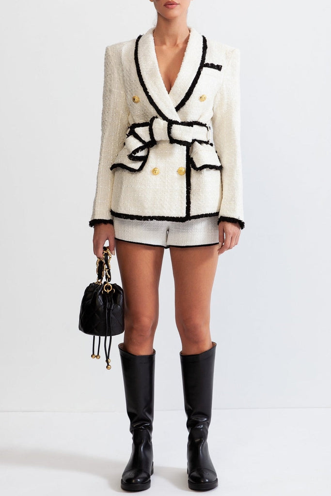 Shop  white dress - Perfect for special occasions | Mishka Breasted Tweed Jacket With Belt- White
