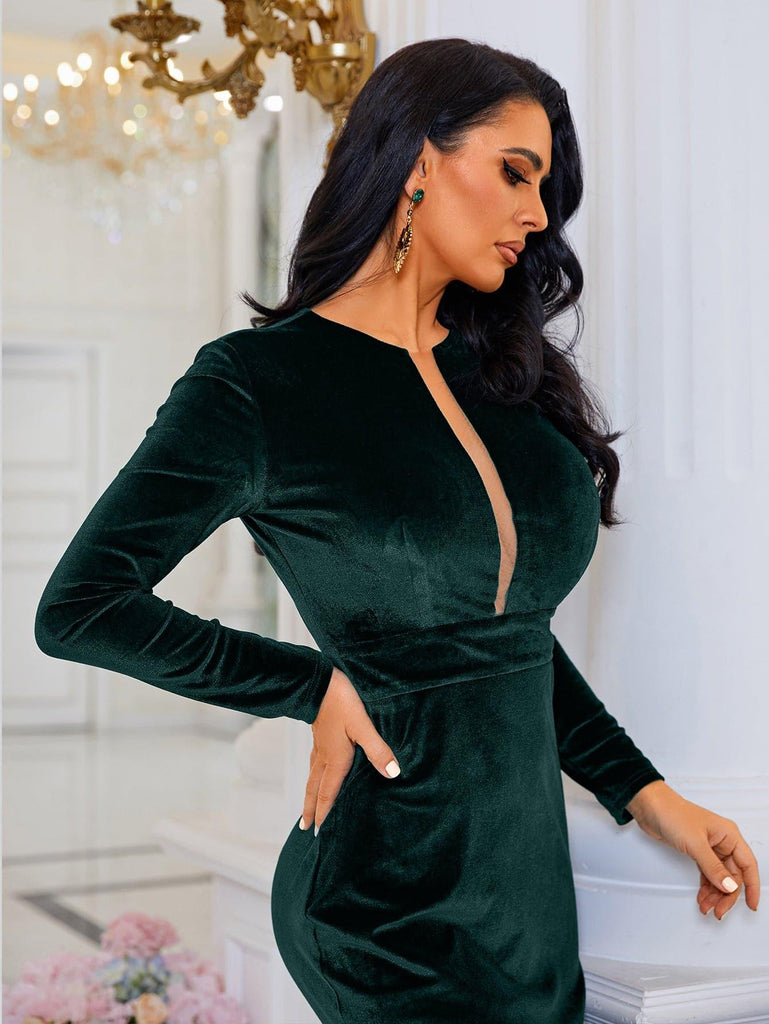 Long Sleeve Velvet Green Evening Dress - Stylish green dress for special occasions | Buy Online