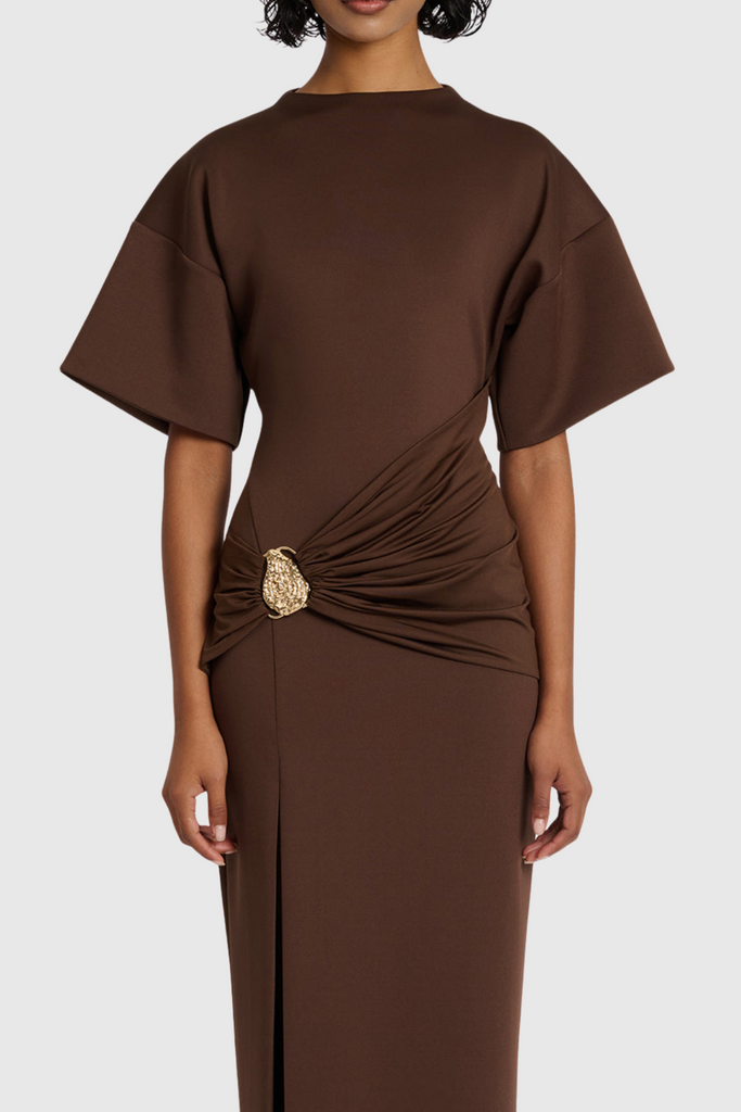 Natalja Draped Embellished Mini Dress - Brown - Stylish brown dress for special occasions | Buy Online