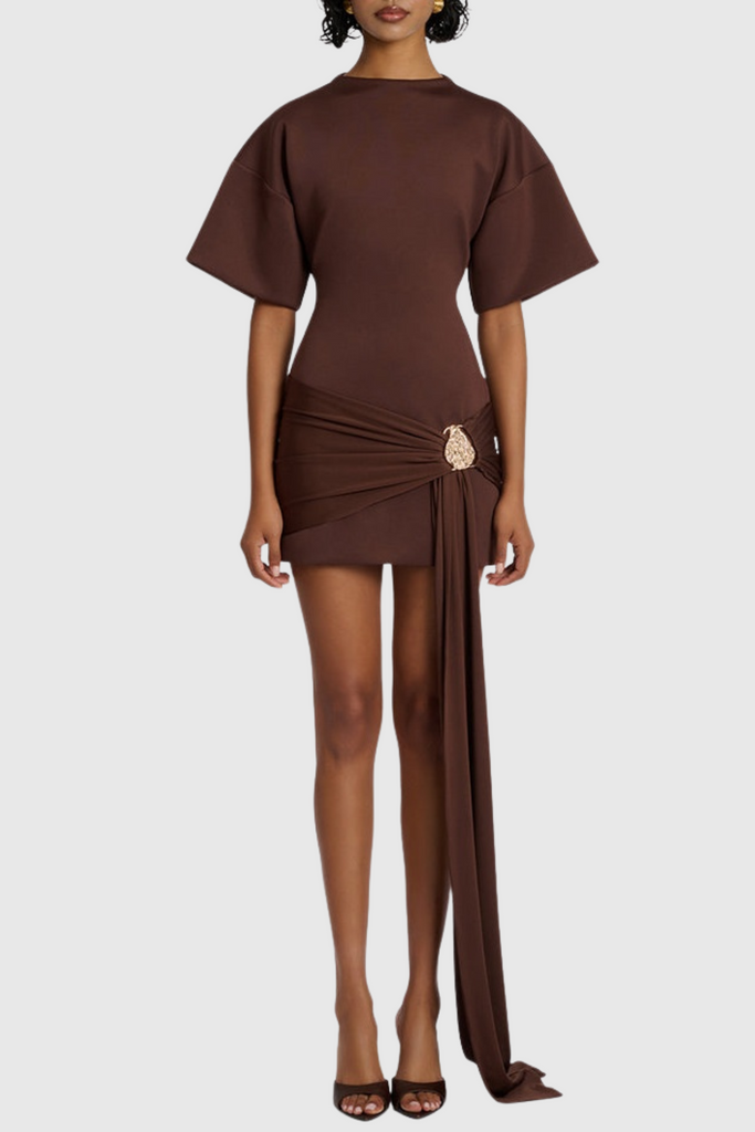 Stylish brown dress | Natalja Draped Embellished Mini Dress - Brown - Ideal for special occasions
