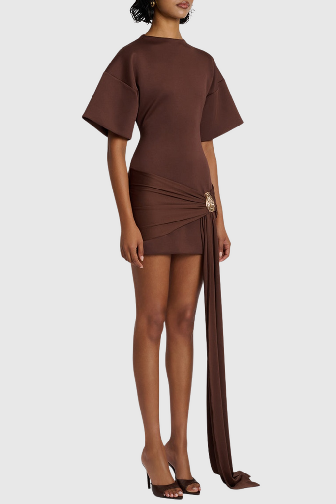 Stylish brown dress | Natalja Draped Embellished Mini Dress - Brown - Ideal for special occasions