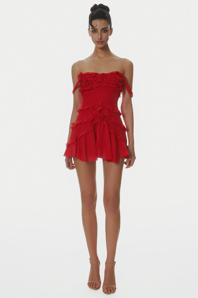 Shop  beautiful dress - Perfect for special occasions | Nirva Off Shoulder Ruffle Mini Dress - Wine