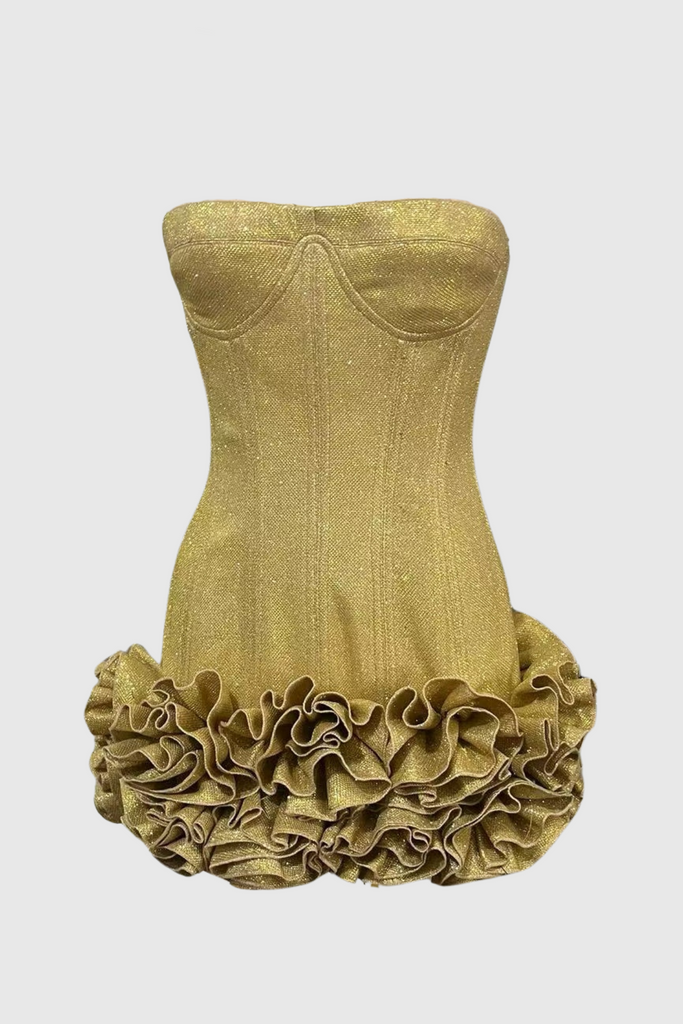 Shop  beautiful dress - Perfect for special occasions | Nuala Glitter Strapless Floral Mini Dress - Gold