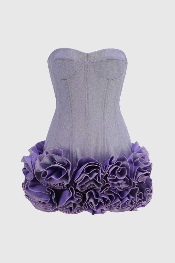 Nuala Glitter Strapless Floral Mini Dress - Purple - Stylish purple dress for special occasions | Buy Online