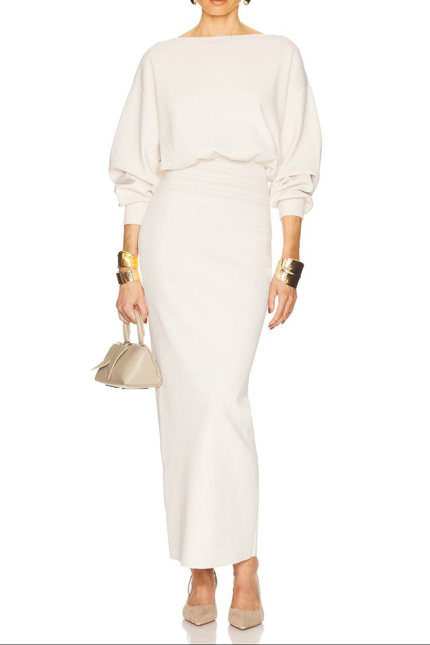 edith High elastic long hip maxi dress in white