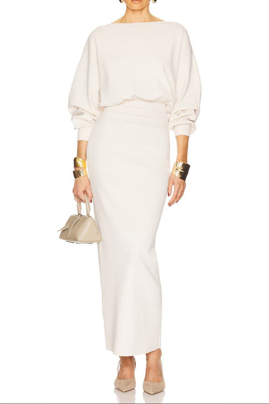 edith High elastic long hip maxi dress in white