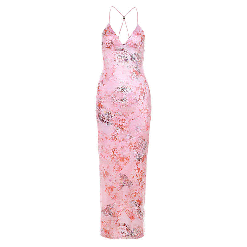 Shop  beautiful dress - Perfect for special occasions | Printed Strappy Butterfly Backless Plunge Sheath Slip Maxi Dress