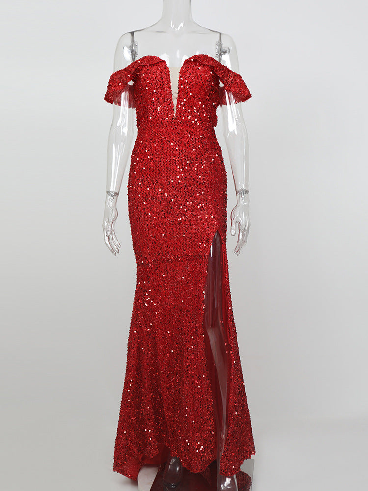RED OFF-SHOULDER SEQUIN DRESS - Stylish red dress for special occasions | Buy Online