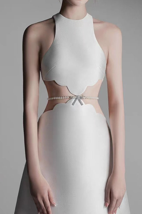 Stylish beautiful dress | roxanne pearl chain embellished midi dress in apricot - Ideal for special occasions