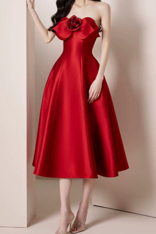 Shop  red dress - Perfect for special occasions | mignon 3d flower satin strapless midi dress in red