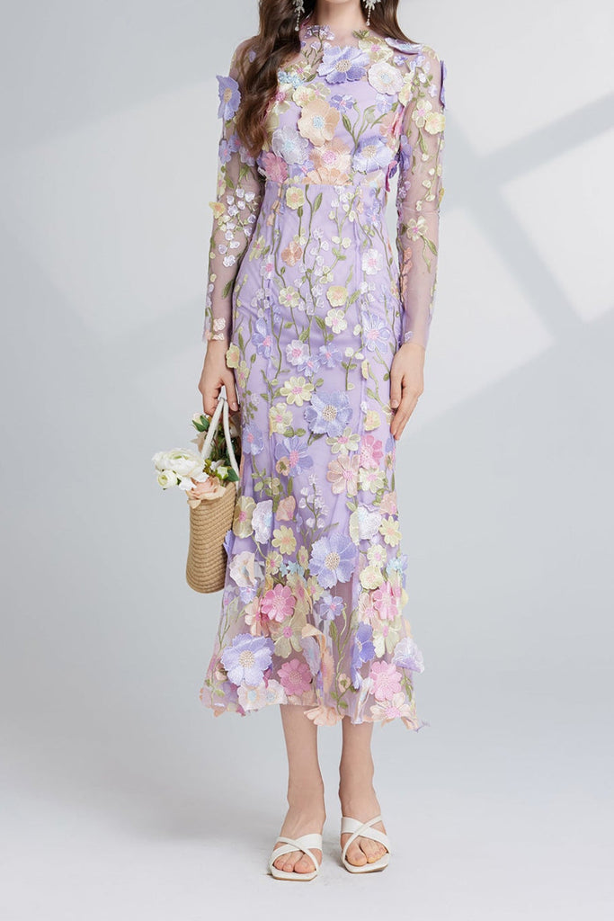 Shop  purple dress - Perfect for special occasions | CAROL PURPLE FLORAL EMBROIDERY MESH LONG SLEEVE MIDI DRESS