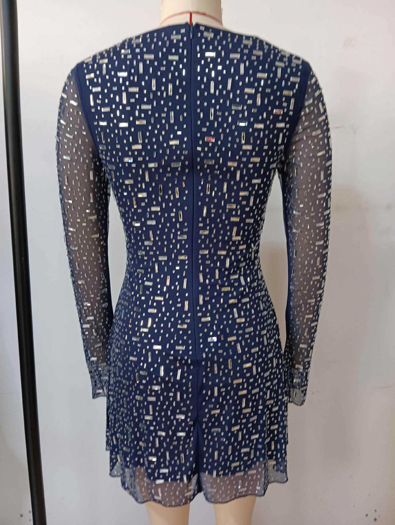 Stylish beautiful dress | clementine navy Long Sleeve Rhinestone Mesh Mini Dress - Ideal for special occasions