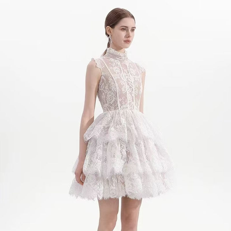 Shop  white dress - Perfect for special occasions | Sleeveless Stand Collar Lace Tutu mini dress in white