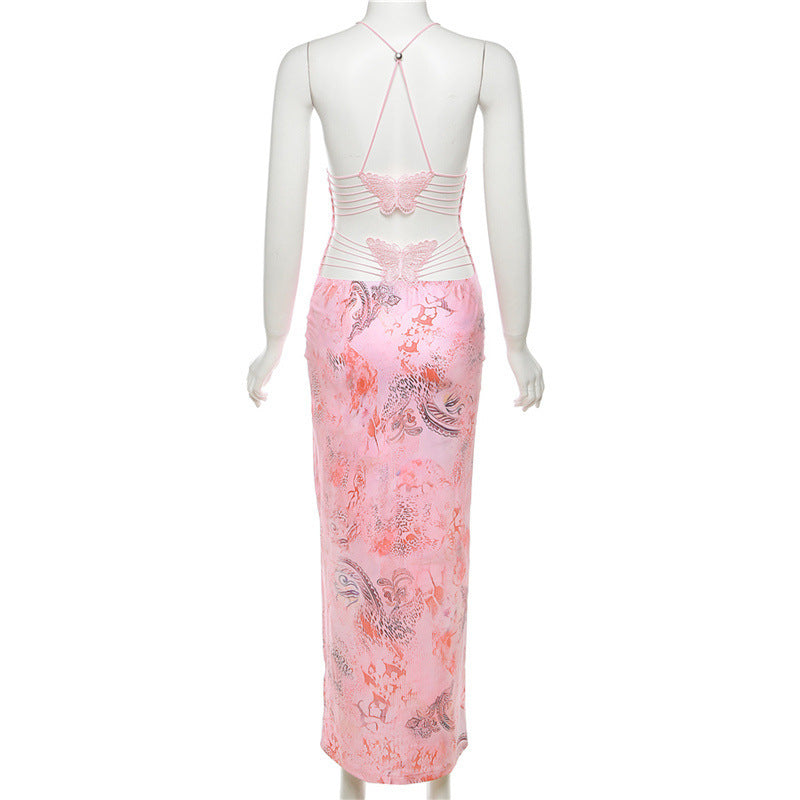 Printed Strappy Butterfly Backless Plunge Sheath Slip Maxi Dress - Stylish beautiful dress for special occasions | Buy Online