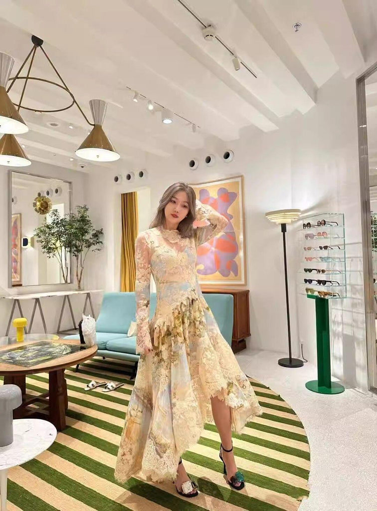 Stylish beautiful dress | kristin Long Sleeves Floral Printed Asymmetric Lace Maxi Dress - Ideal for special occasions