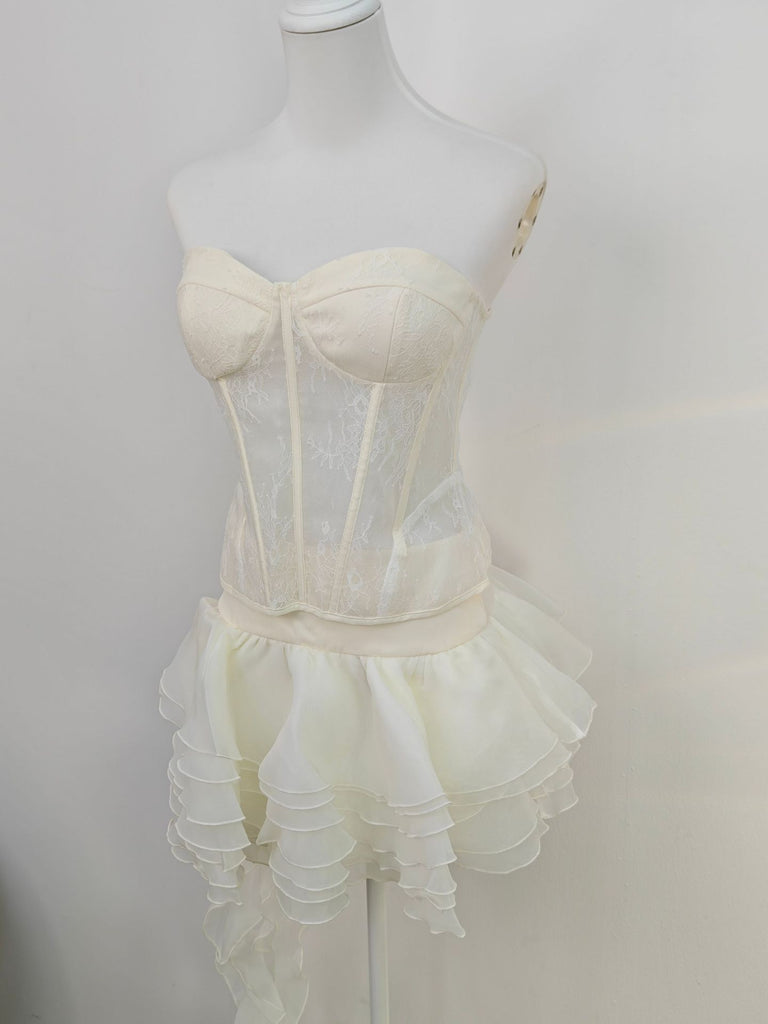 lauren Irregular Petal Lace Bodycon Mini Skirt Set In Beige - Stylish beige mini for special occasions | Buy Online