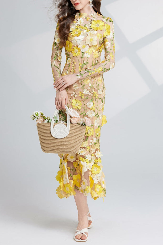 CAROL YELLOW FLORAL EMBROIDERY MESH LONG SLEEVE MIDI DRESS - Stylish yellow dress for special occasions | Buy Online
