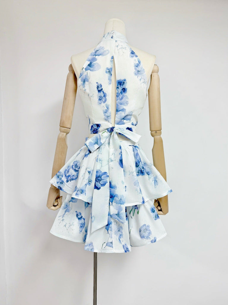 jessica printed backless halter top skirt set in blue - Stylish blue dress for special occasions | Buy Online