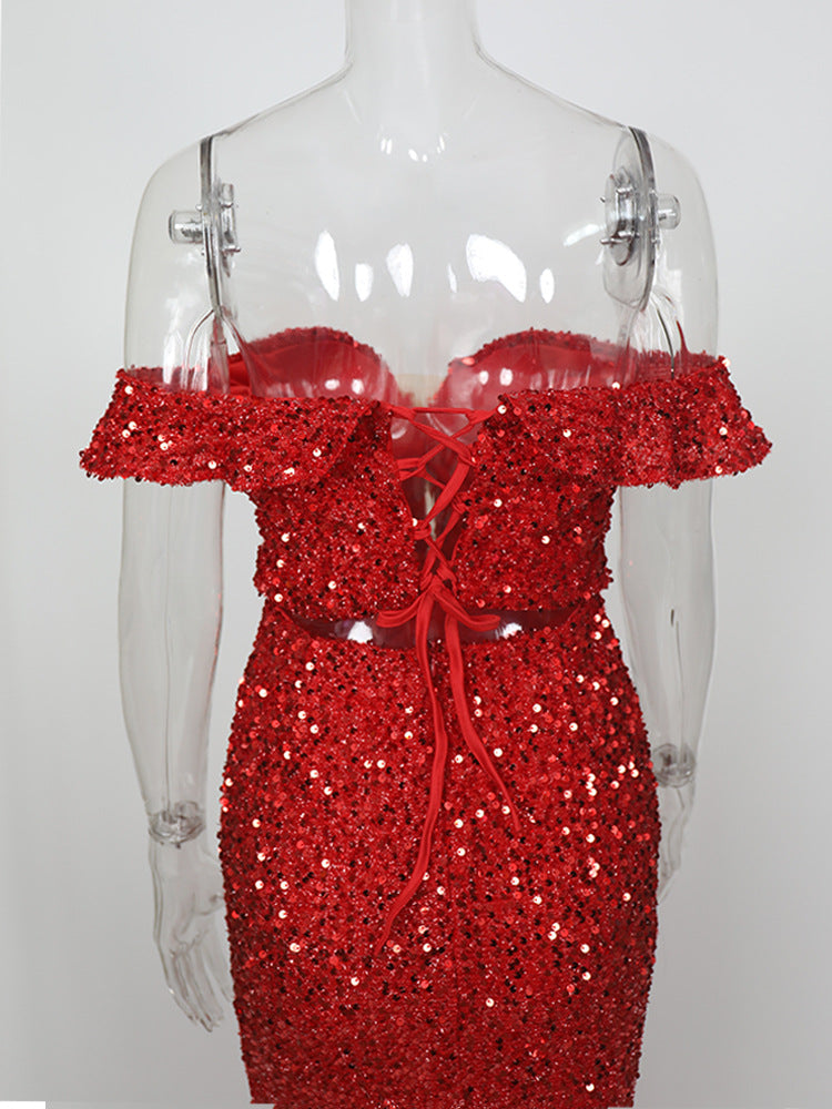 Stylish red dress | RED OFF-SHOULDER SEQUIN DRESS - Ideal for special occasions