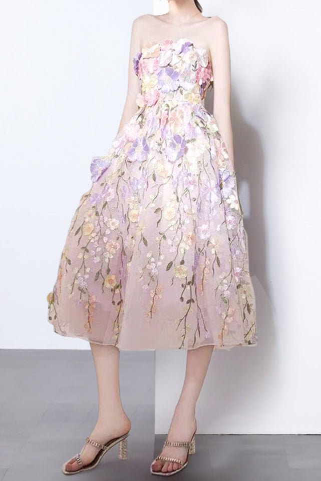 Stylish pink dress | prima floral embroidery midi dress in pastel pink - Ideal for special occasions
