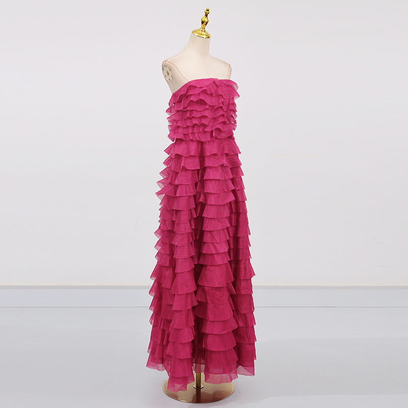 cathy Pleated layer strapless maxi dress in rose red - Stylish red dress for special occasions | Buy Online