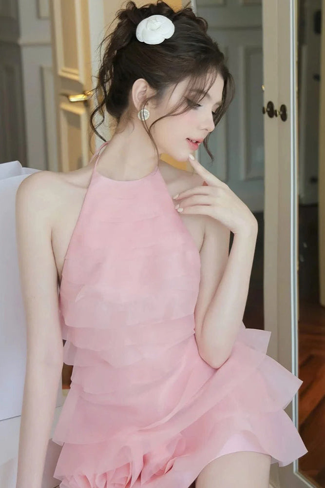 Shop  pink dress - Perfect for special occasions | 3d flower halter ruffle layer mini dress in pink
