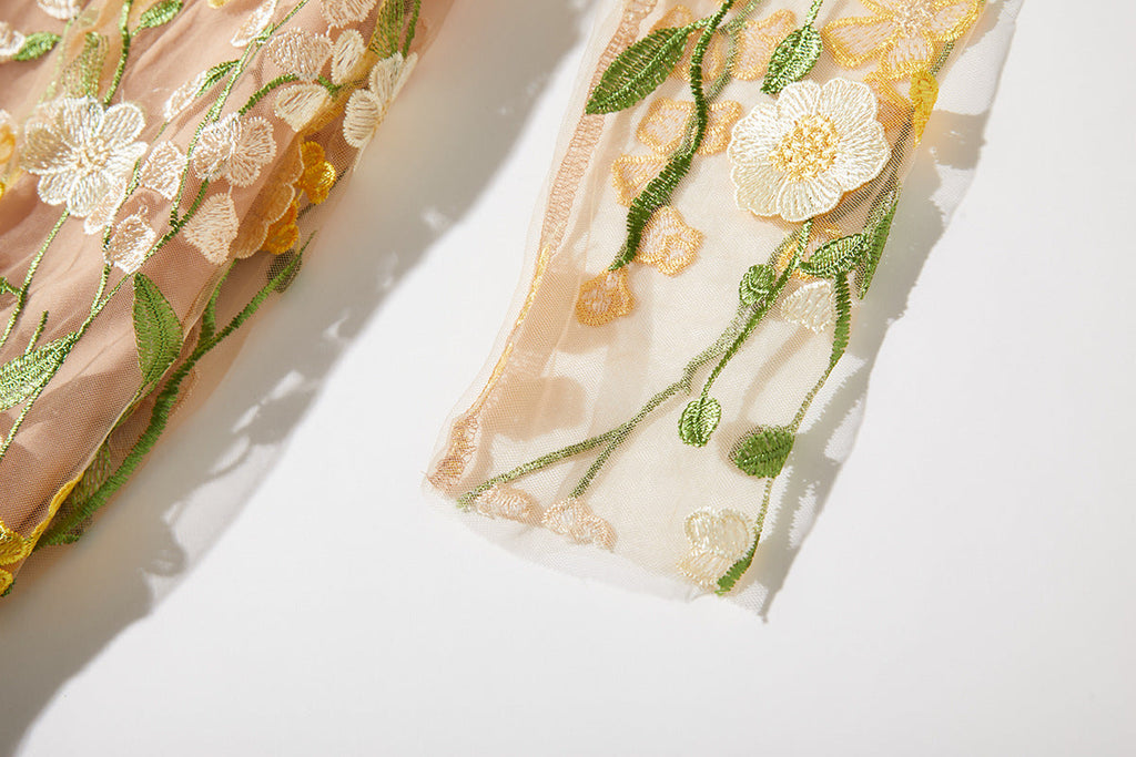 CAROL YELLOW FLORAL EMBROIDERY MESH LONG SLEEVE MIDI DRESS - Stylish yellow dress for special occasions | Buy Online