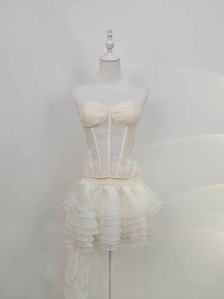 lauren Irregular Petal Lace Bodycon Mini Skirt Set In Beige - Stylish beige mini for special occasions | Buy Online