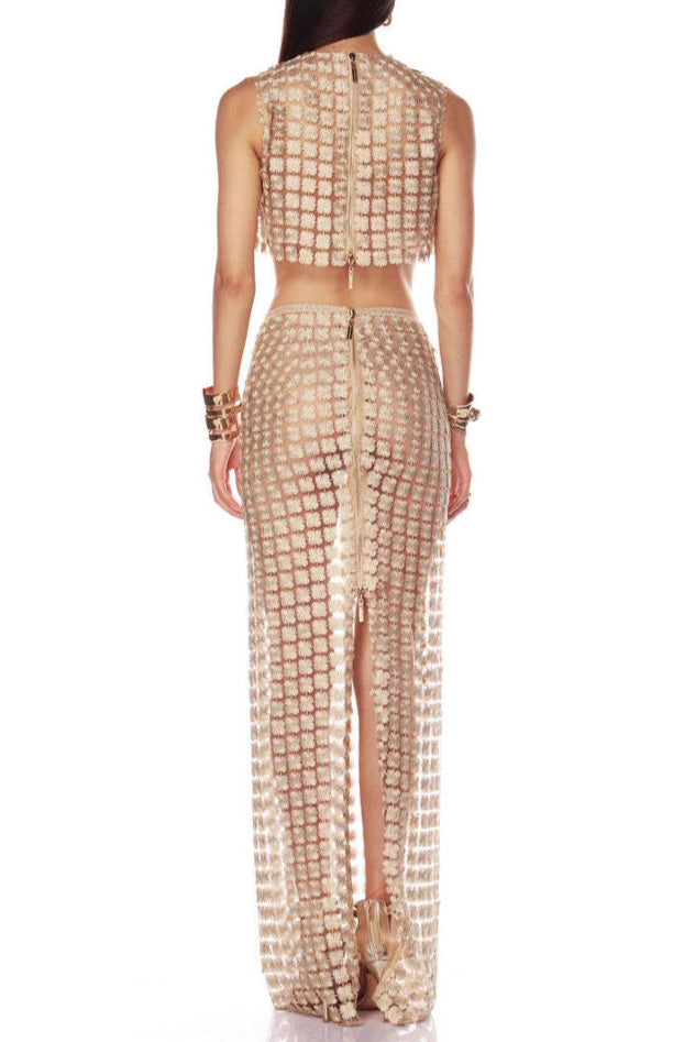 Shop  beautiful maxi - Perfect for special occasions | martina apricot Sheer plaid fishtail maxi skirt two piece of set