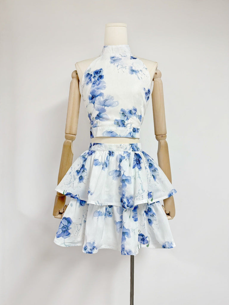 Shop  blue dress - Perfect for special occasions | jessica printed backless halter top skirt set in blue