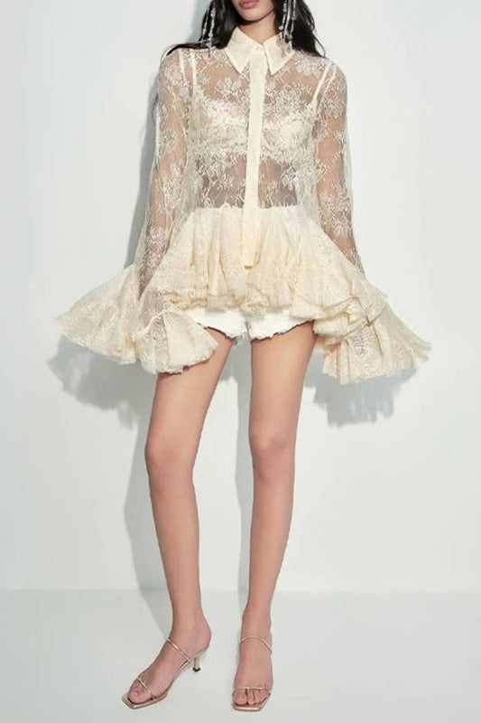 maxine apricot Mesh Lace Ruffled Trumpet Sleeve Shirt Dress Shorts Set
