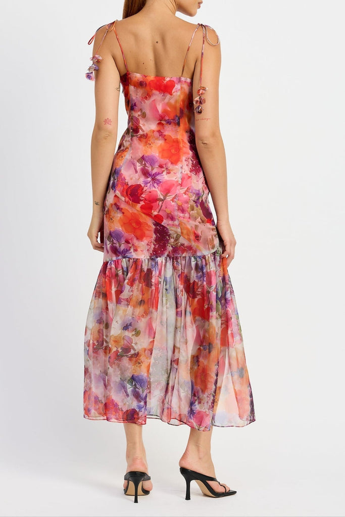Stylish red dress | Red Multi Floral Tie Strap Midi Dress - Ideal for special occasions